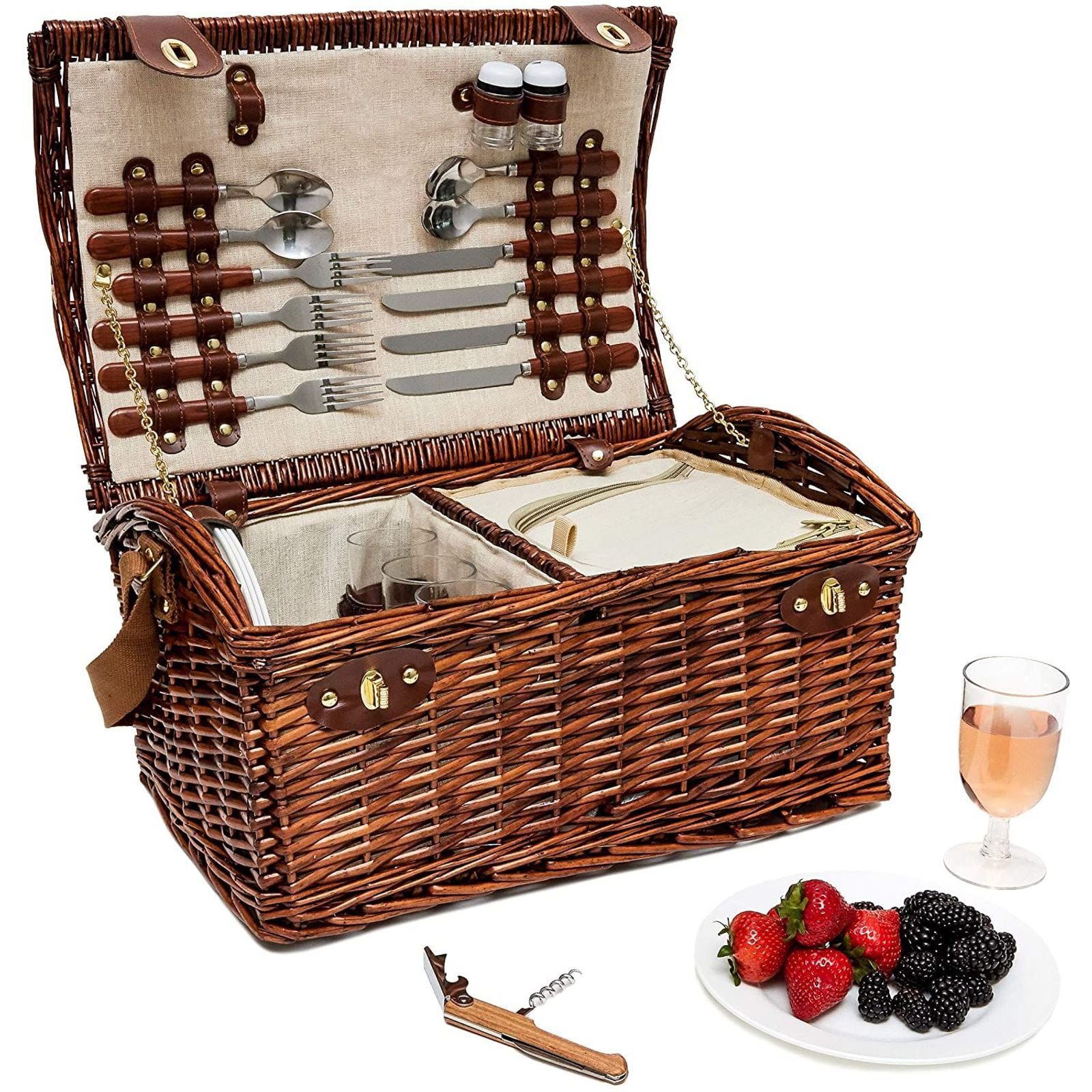 Wicker Picnic Basket Outdoor Tableware Box Lunch Vintage Wine Beach BBQ Travel 