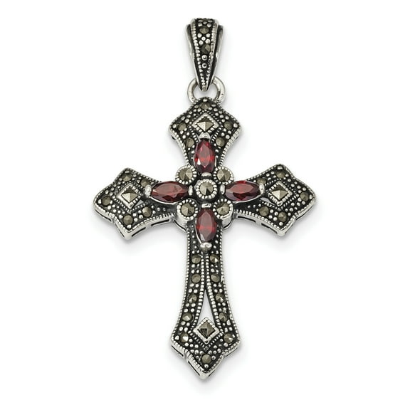 925 Sterling Silver Red Cubic Zirconia and Marcasite Cross Shaped Pendant