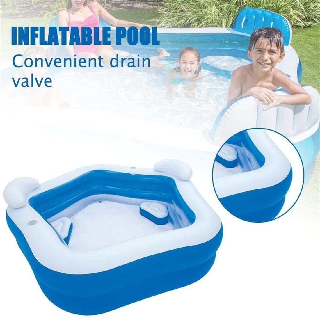84"×82"×27" 2-Seat Inflatable Rectangle Pool, Family Paddling Pool with Headrest & Cup Holder, Waterproof Wear-Resistant Summer Water Lounge for Outdoor Garden Backyard, Blue