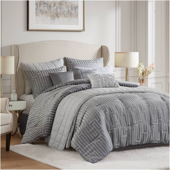 JERFIT 10-Piece Queen Bedding Set with Comforter & Quilt, Grey Jacquard, All-Season Luxury Hotel Style Collection