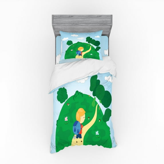 Colorful Duvet Cover Set, Kid with a Backpack Hiking to the Mountain Forest Camp Childish Cartoon Print, Bedding Set with Shams and Fitted Sheet, 3 Sizes, by Ambesonne