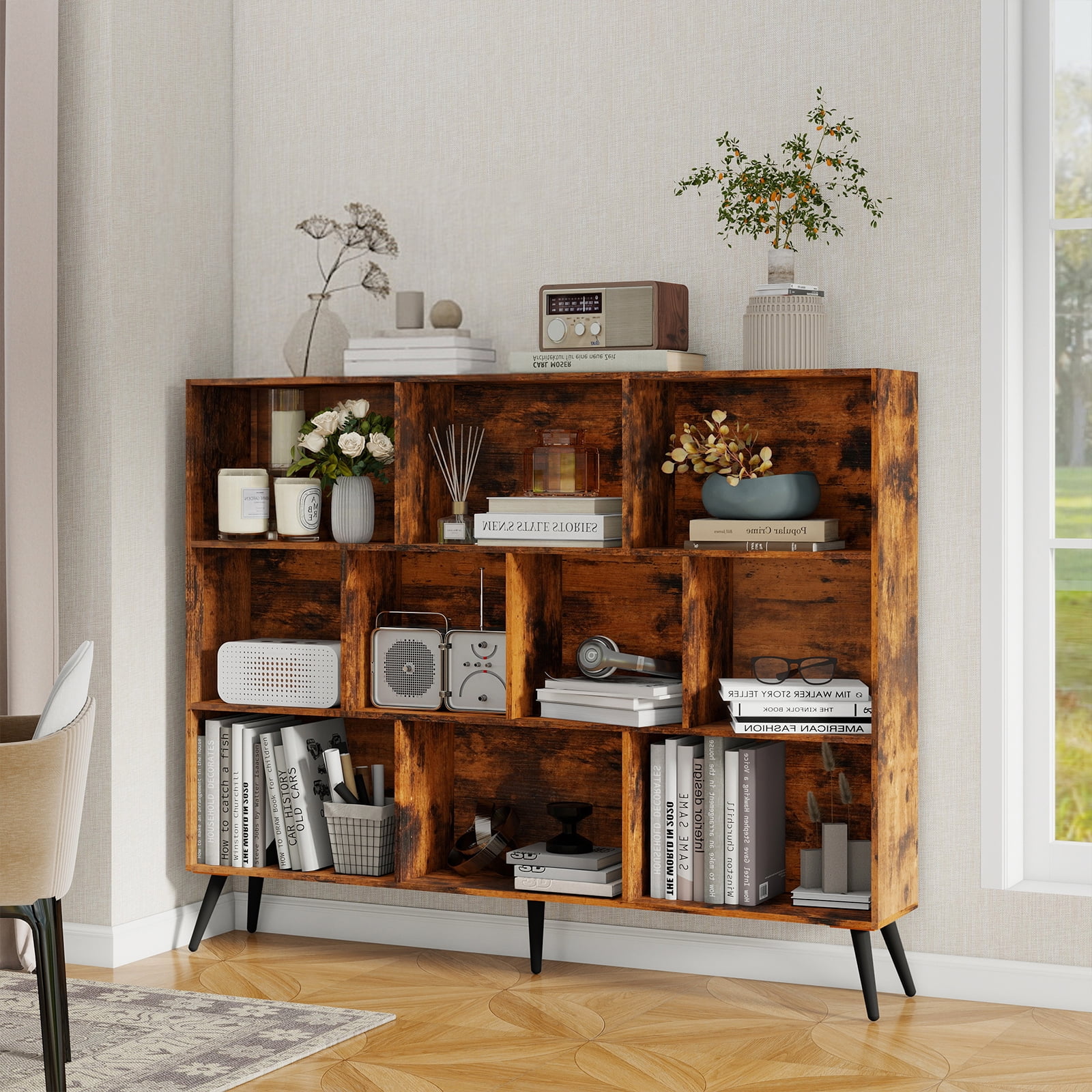 Wooden Cube Bookshelf,Mid-Century Modern 3-Tier Bookcase with Legs,Retro Wood Bookshelves Storage Organizer Shelf,Freestanding Open Book Shelves for Bedroom,Living Room,Office