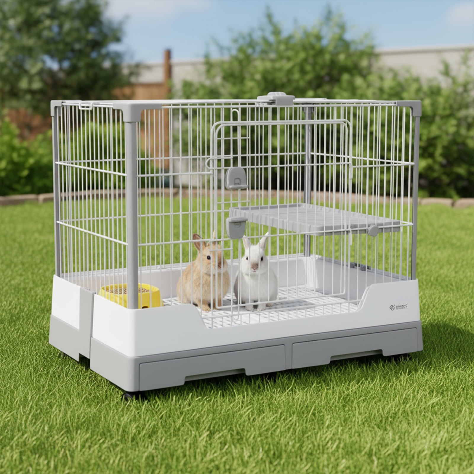 golytefs Gravity Lock Rabbit Cage with Pull Out Tray Wheeled Bunny Hutch Cage (Grey)