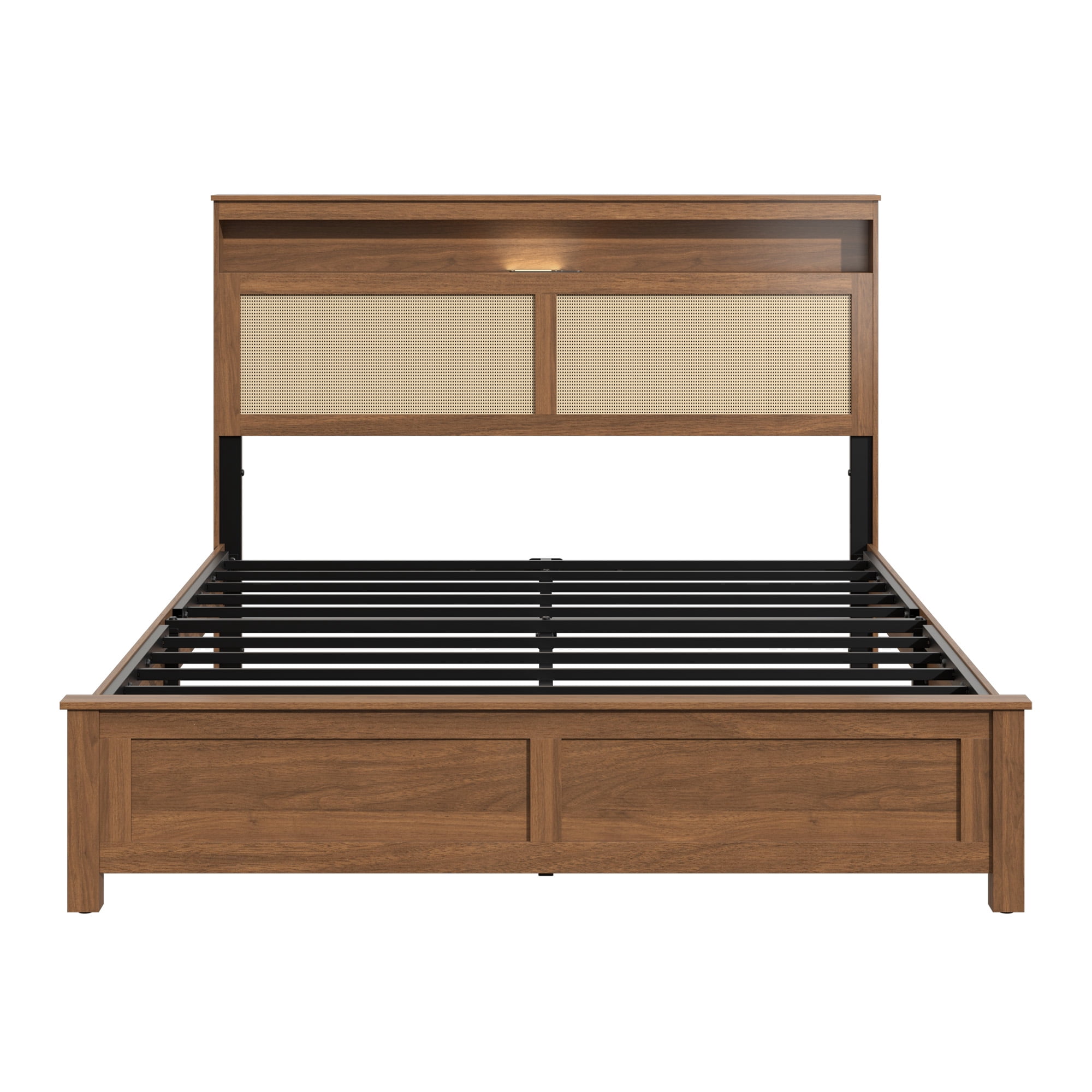 Queen Bed Frame 86.02 Inch, Rattan Headboard with Built In LED Reading Light and Storage Shelf, Modern Farmhouse Platform Bed, No Box Spring Needed, Brown