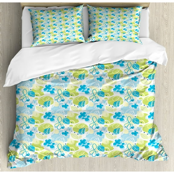 Floral Queen Size Duvet Cover Set, Pastel Colored Cheerful Pattern Inspired by Spring Nature Whimsical Doodle, Decorative 3 Piece Bedding Set with 2 Pillow Shams, Blue Green White, by Ambesonne