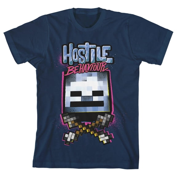 Minecraft Hostile Behavior Youth Navy Blue Crew Neck Short Sleeve T-shirt-Medium