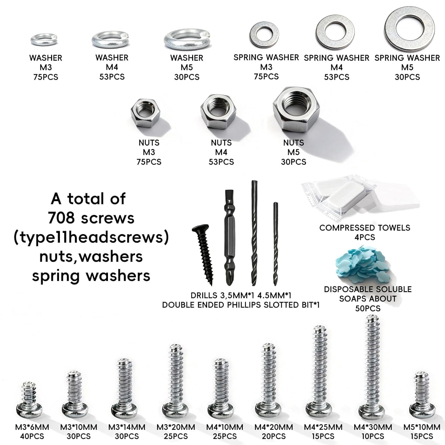 708Pcs M3 M4 M5 Screws Nuts Assortment Kit with Plastic Storage Box for Furniture Machinery Automotive DIY Projects