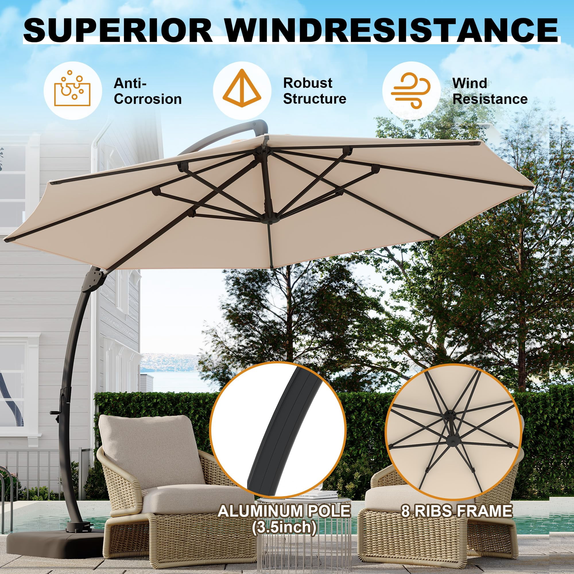 Memoryfield Outdoor Large Round Aluminum Cantilever Market Umbrella, Heavy-Duty Offset Patio Umbrella with 360° Rotation & Base Included, Khaki