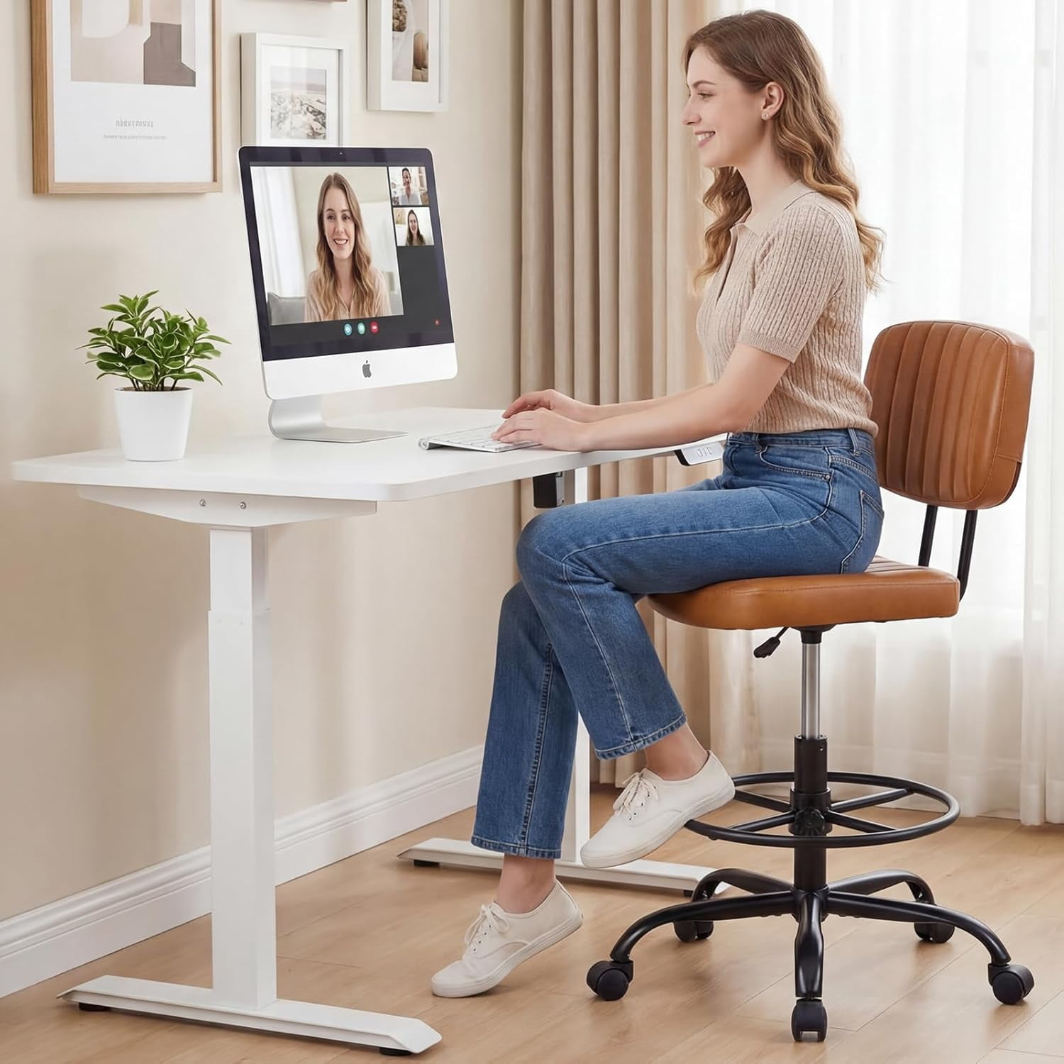 Drafting Chair with Adjustable Foot Ring, Tall Swivel Task Chair for Standing Desk, Armless Rolling Office Stool for Studio & Salon, Cream White
