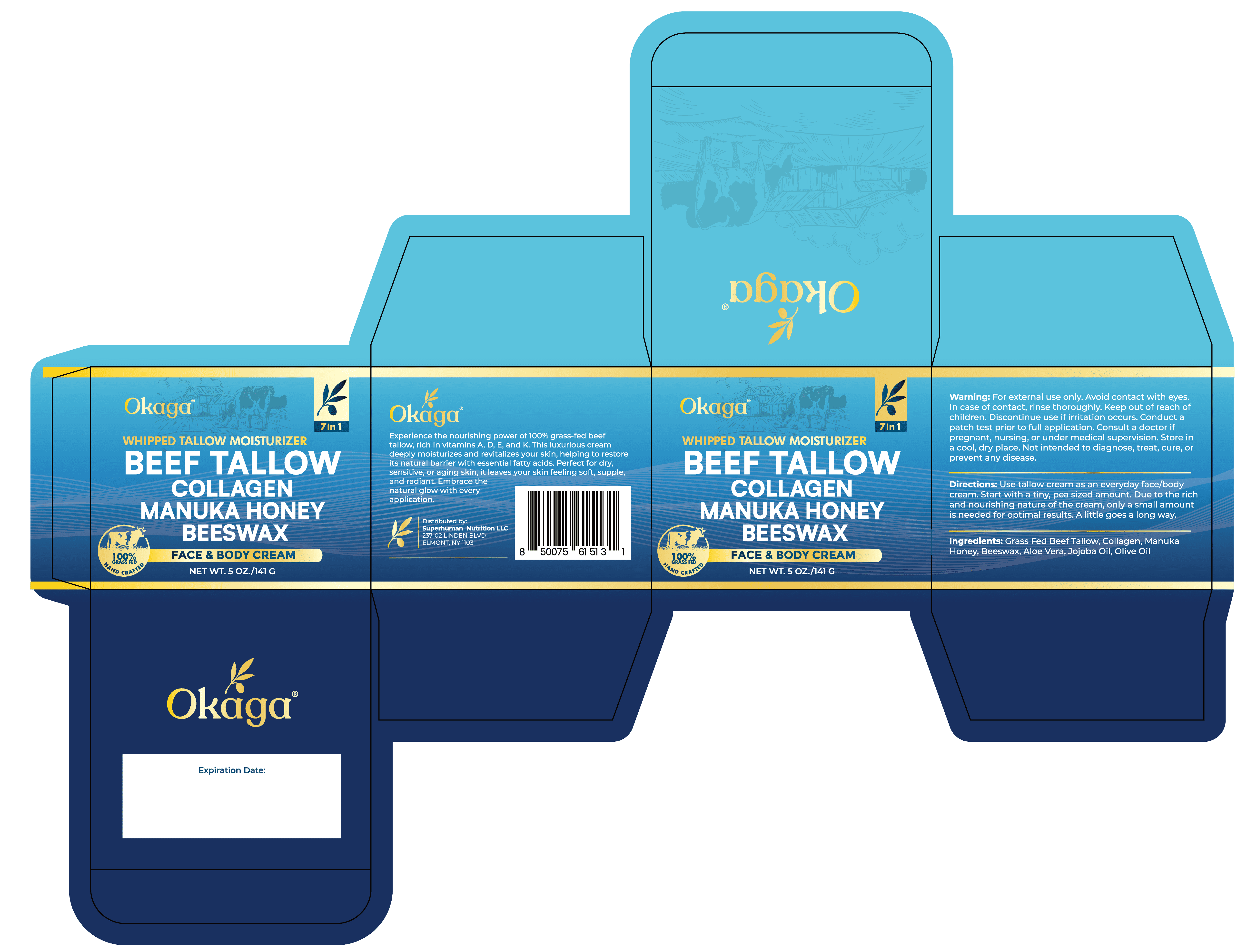 Okaga Beef Tallow for Skin, Organic Grass-Fed Beef Tallow Balm with Manuka Honey, Aloe Vera, Jojoba Oil, Collagen & Beeswax, Olive Oil, Moisturizer for Dry Skin, Nourishes Face, Body & Lips (3 Pack)