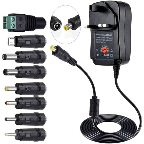 Universal AC/DC Adapter Multi-Voltage Regulated Switching Power Supply with 8 Selectable DC Plugs for 3V 4.5V 5V 6V 7.5V 9V 12V Household Electronics