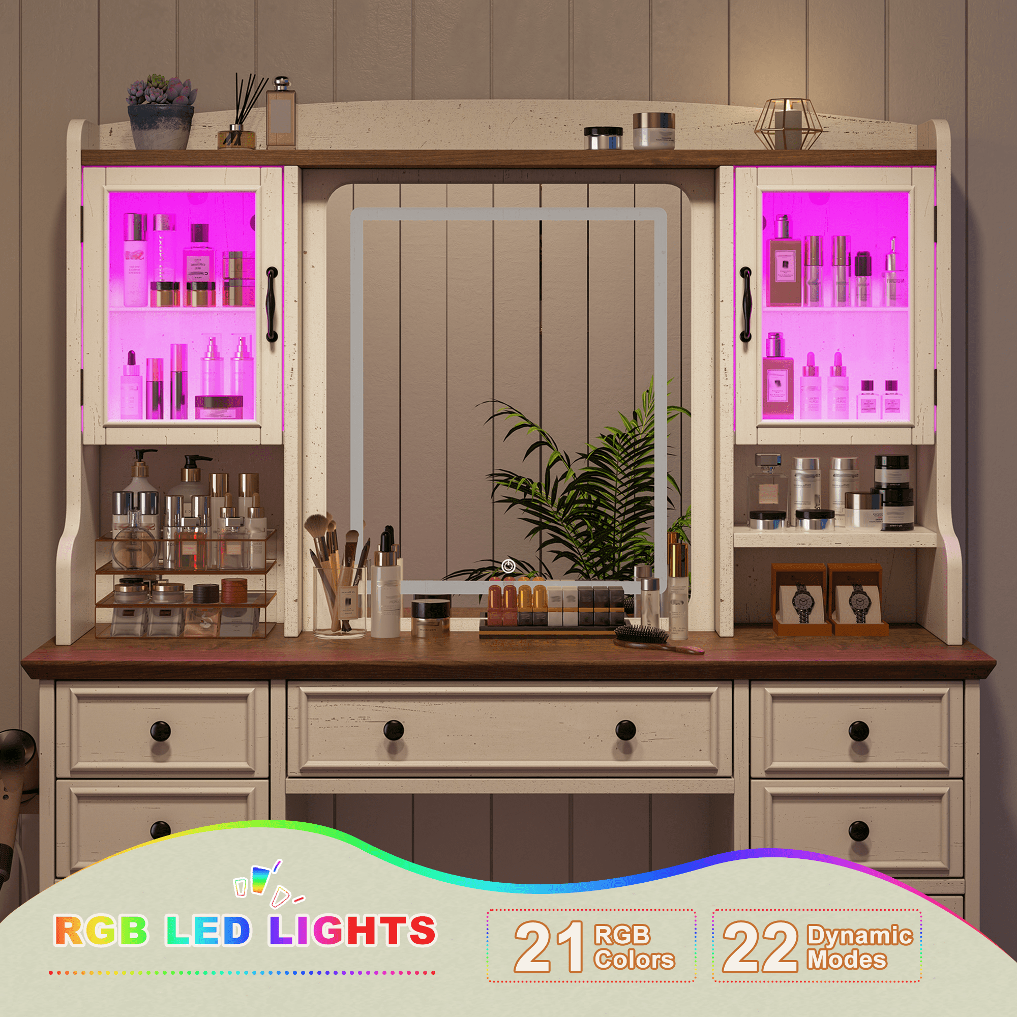 EnHomee Vanity Set with Mirror and Lights Farmhouse Vanity Desk with 5 Drawers & 2 Storage Cabinets Makeup Vanity Table with Lighted Mirror,White