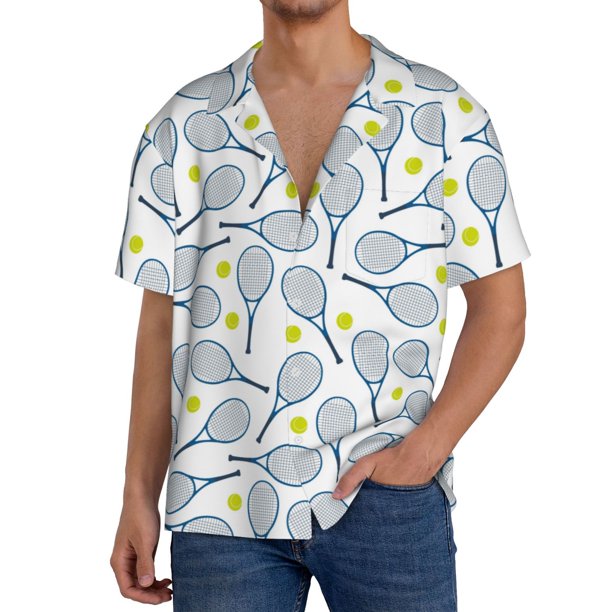 Balery Tennis Rackets And Balls Camisa Casual de Manga Corta con Botones para Hombre, Texturizada, Estilo Cubano, para Playa, Verano-Medium