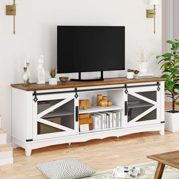 TROPOW Tv Stands for Living Room, 65 Inch TV Stand Entertainment Center with Storage and Sliding Barn Doors, Media TV Console Cabinet with Adjustable Shelf (White)