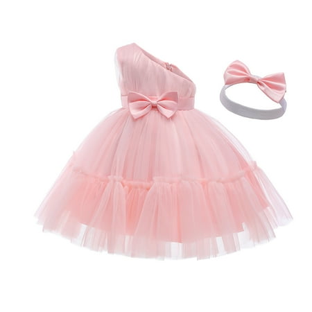 

BULLPIANO Flower Girl Dress with Headwear Bowknot One Shoulde Dresses Pageant Party Wedding Baby Girl Christmas Dress