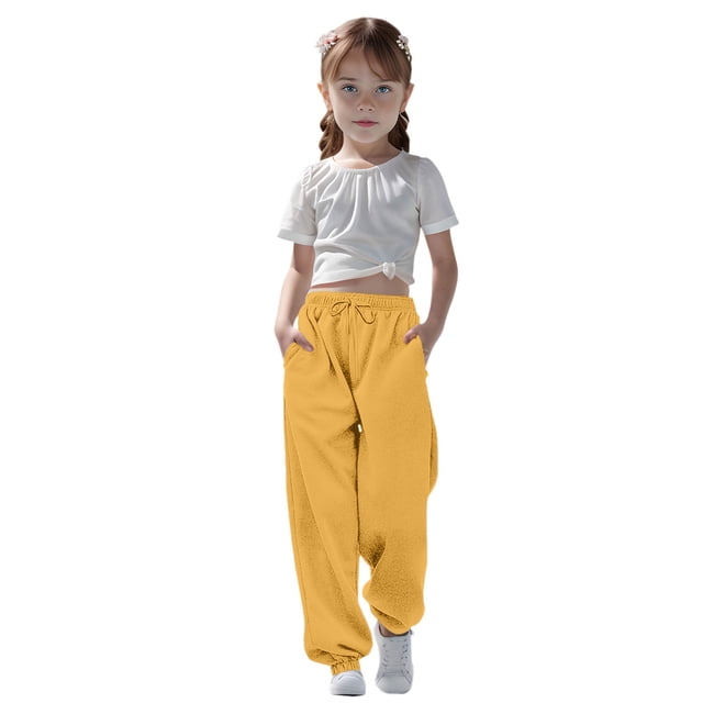 WENXIAOO Teen Girls Sweatpants Drawstring Sweatpants With Pockets Solid Color Yellow Pants For Toddler Boy Kids Pants Size 3-4T