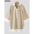 thumbnail image 4 of VONDA 2024 Fashion Mini Dress Summer Sundress Women Turn-down Collar 3/4 Flare Sleeve Casual Loose Patchwork Party Short Vestido, 4 of 5