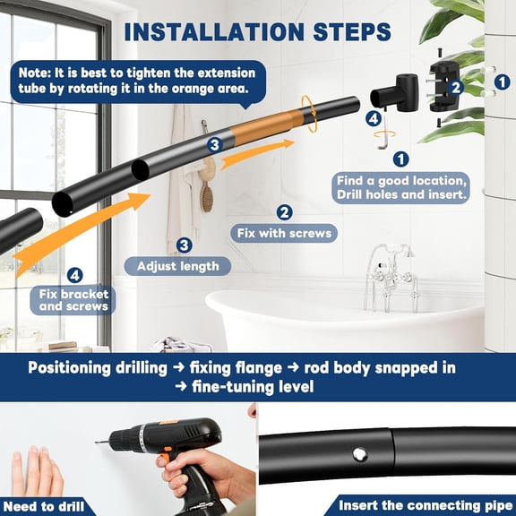 JUNCHI-Curved Shower Curtain Rod, 43-78 Inches Adjustable Shower Curtain Rod, Rustproof, Round Extra Wide Shower Rod for Bathroom, Bathtub, Stall, Need to Drill,Black