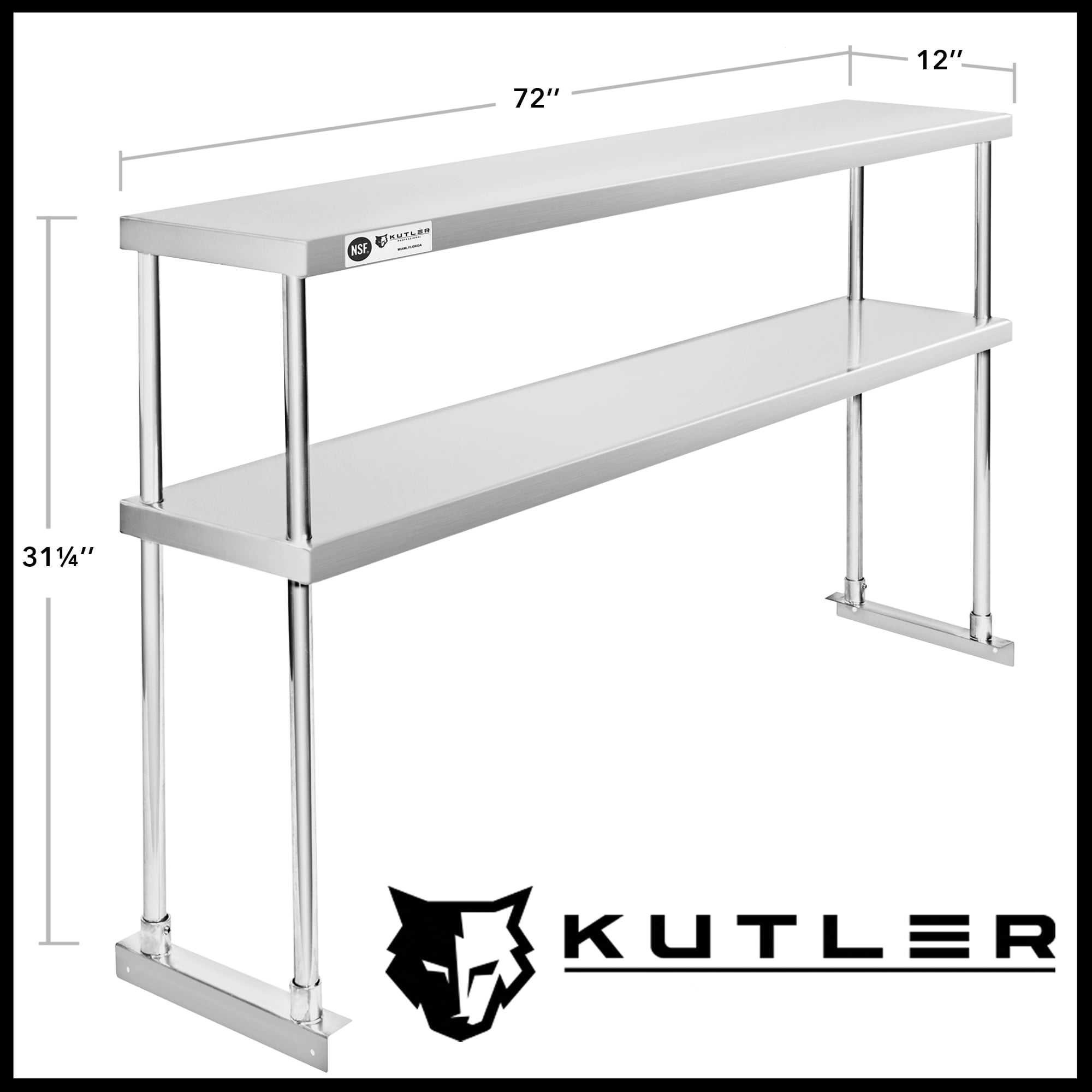 KUTLER Stainless Steel 2-Tier Overshelf 72" x 12", NSF Commercial Double Deck Shelf for Prep and Work Tables for Restaurant, Kitchen, Workshop