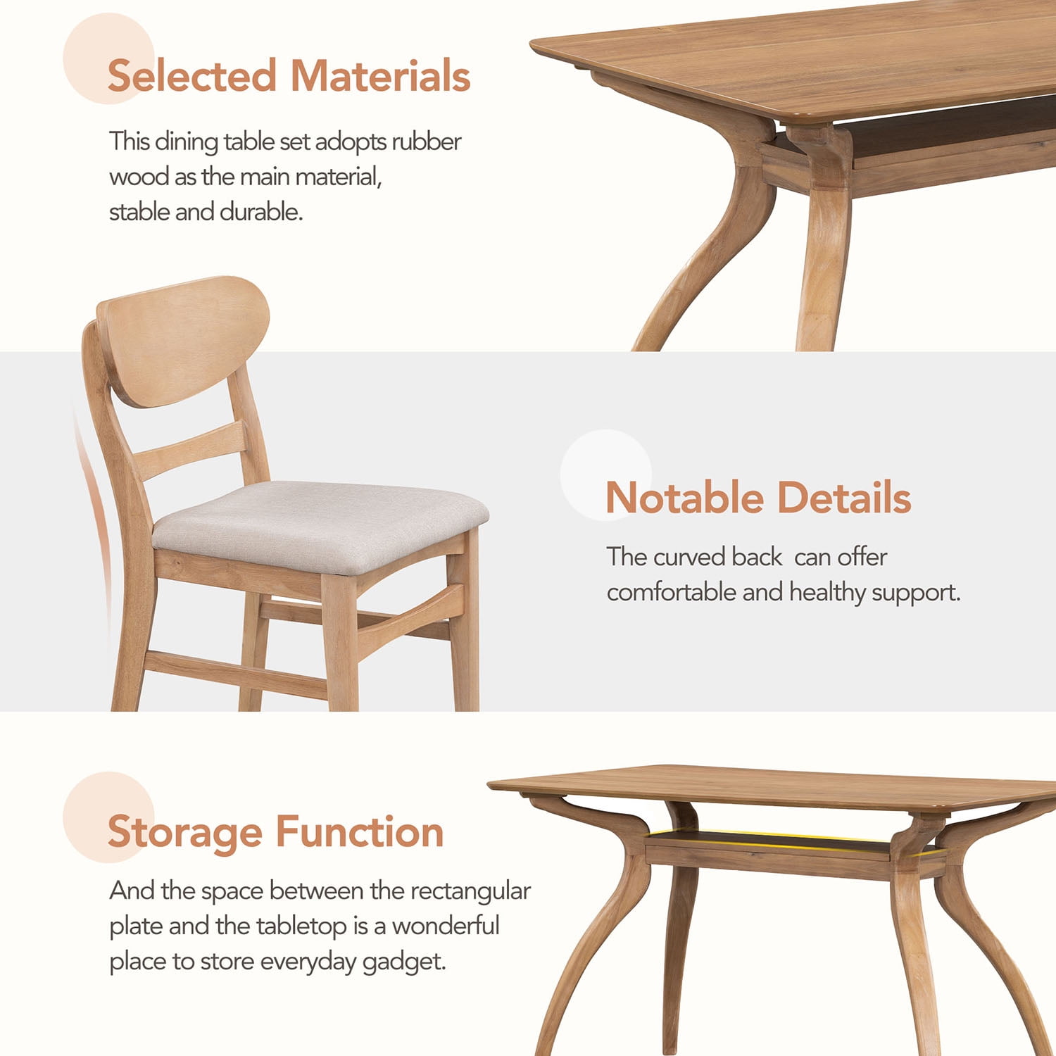 Kadyn 5-Piece Dining Table Set, Solid Wood Dining Set with MDF Board Tabletop and 4 Upholstered Chairs, Kitchen Table and Chairs Set for Dining Room, Natural Wood Wash