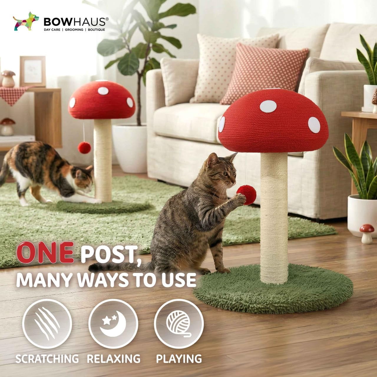 CAPHAUS Mushroom Cat Scratching Post, Mushroom Cat Scratcher with Sisal Rope and Interactive Hanging Ball, 20 Inch Scratching Post for Indoor Cats and Kittens