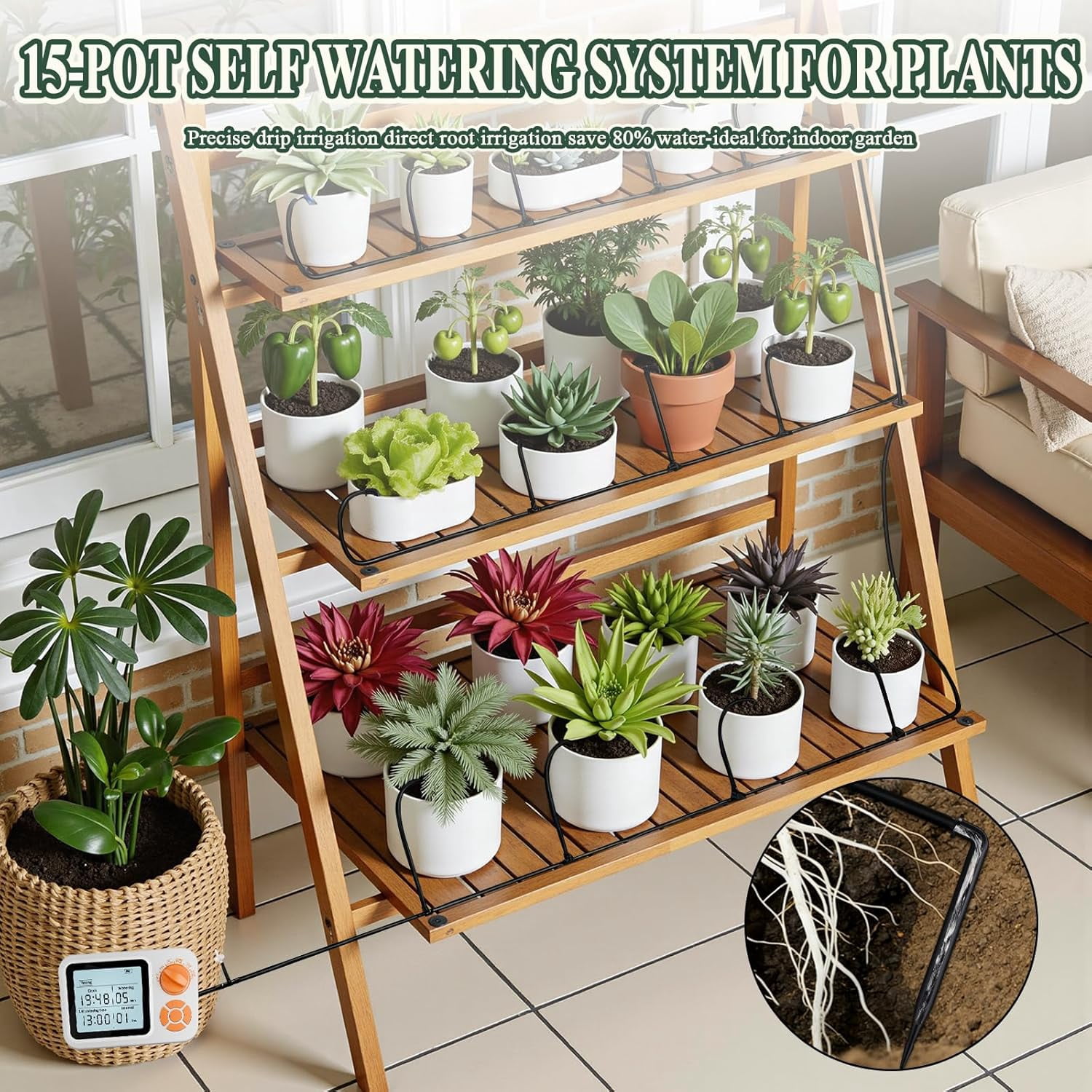 MJIAexp Automatic Drip Irrigation Kit with Smart Humidity Detection and Programmable Water Timer, Auto Plant Waterer Plant Watering Devices Indoor Self Watering System for 15 Potted Plant