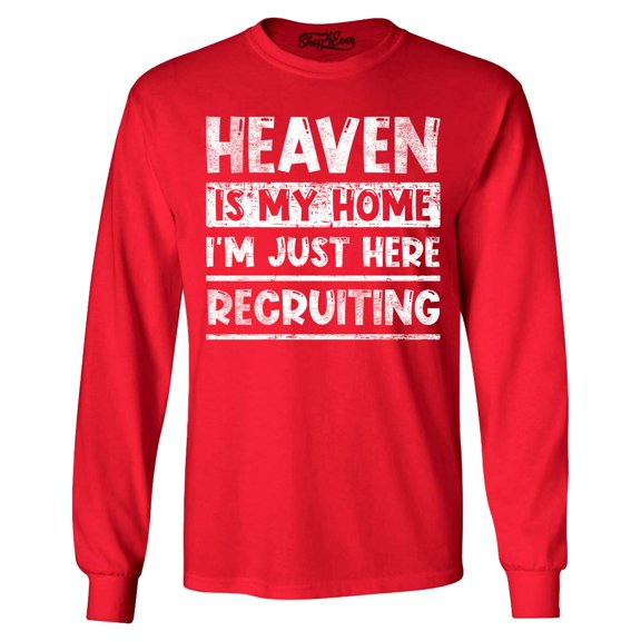 Shop4Ever Men's Heaven is My Home I'm Just Here Recruiting Religious Christian Long Sleeve Shirt XX-Large Red