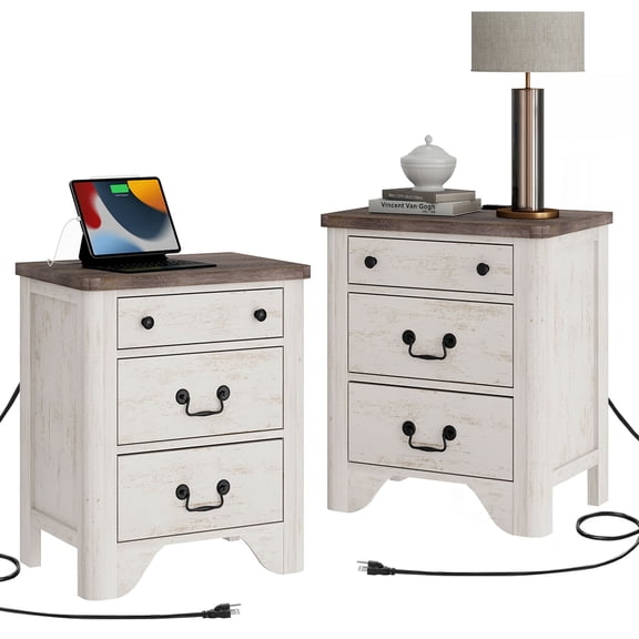 WAMPAT Nightstands Set of 2 with Charging Station,Night Stand with 6 Drawers,Wood End Table,Side Table for Living Room, Bedroom,White