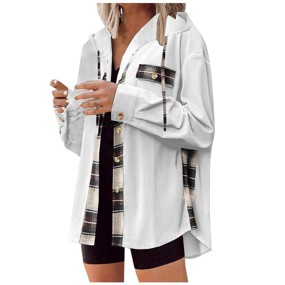 Womens Jacket Plaid White Fall And Winter Lattice Splice Pocket Buttons Long Sleeve Casual Hooded Outwears Coats 2XL