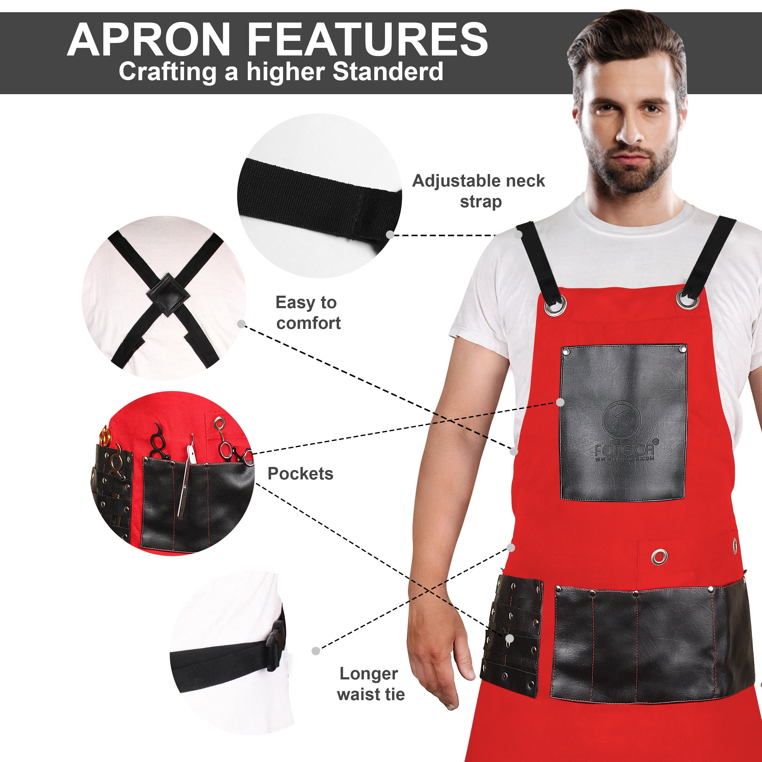 Forgica Red Adjustable Work Apron with Pockets for Men and Women | Professional Cotton Apron, Ideal for Barbers, Hairstylists, Smiths, and Grilling