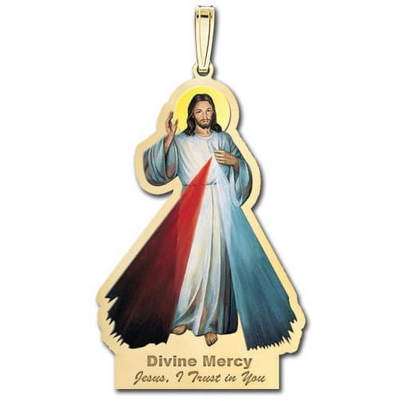 Divine Mercy Outlined Religious Medal Color - 3/4 Inch X 1 Inch -Solid 14K Yellow Gold