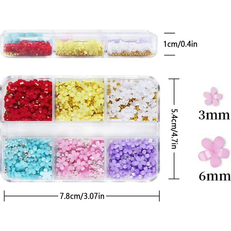 niuredltd 3d flower nail charms for acrylic nail 6 grids 3d nail flowers  rhinestone white pink blue cherry acrylic nail art supplies with pearls