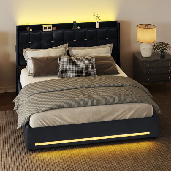 Uforic Upholstered Bed Frame with Charging Station & Drawers, Queen Size Bed Frame with LED Lights, Black