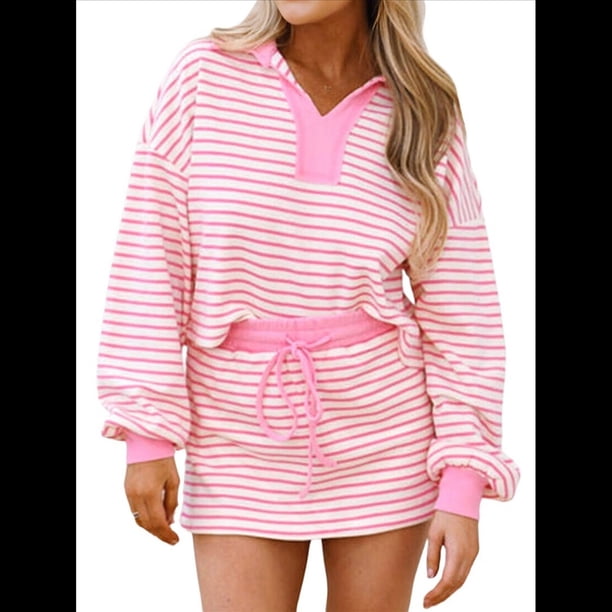 Conjunto de Dos Piezas A Rayas para Mujer, Sudadera Informal con Falda y Larga, Conjunto de Estar por Casa A Juego. Rosa M