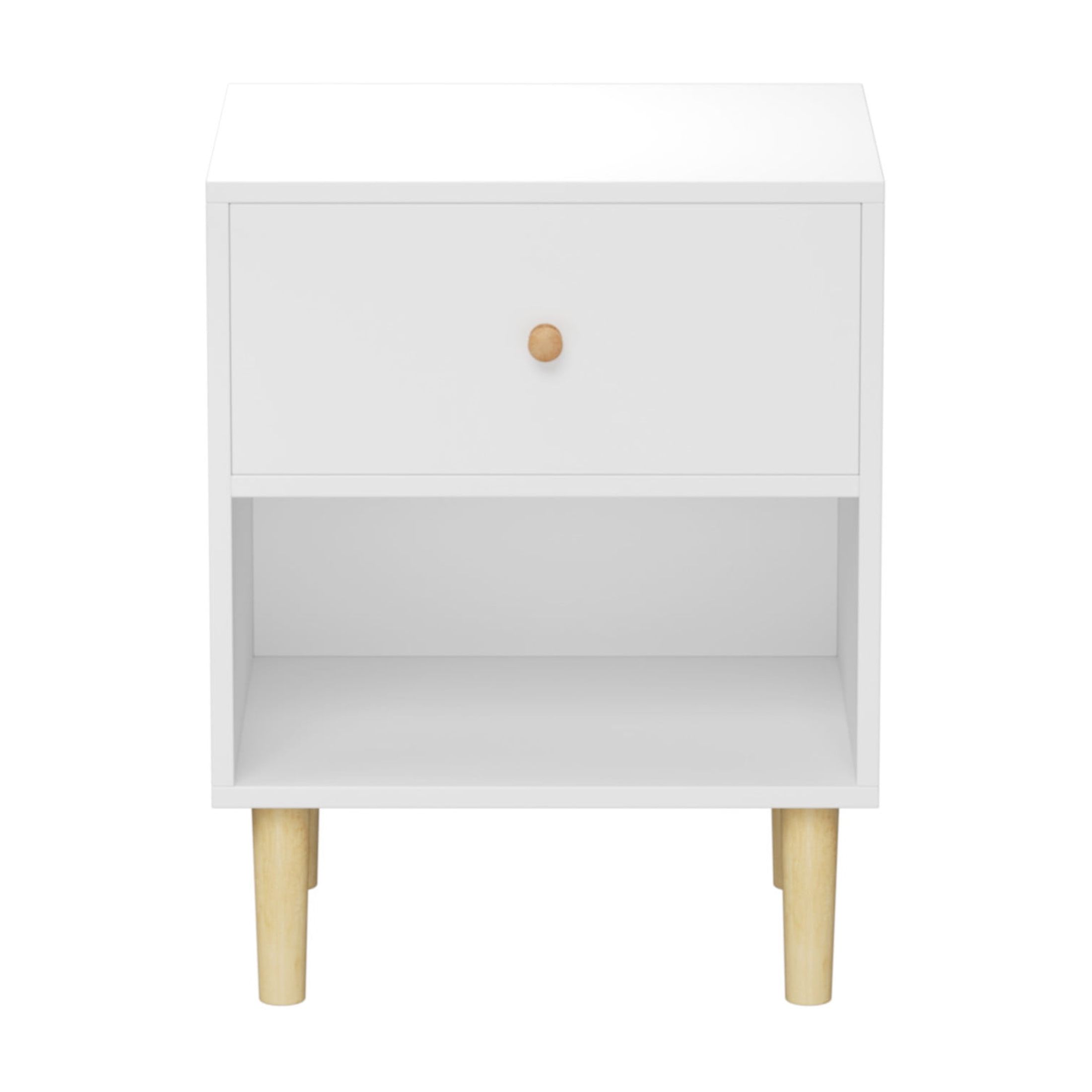 Noble House Kael 23.2" Wooden Nightstand with Drawer and Shelf, Modern Bedside Table, MDF with Pine Legs, White