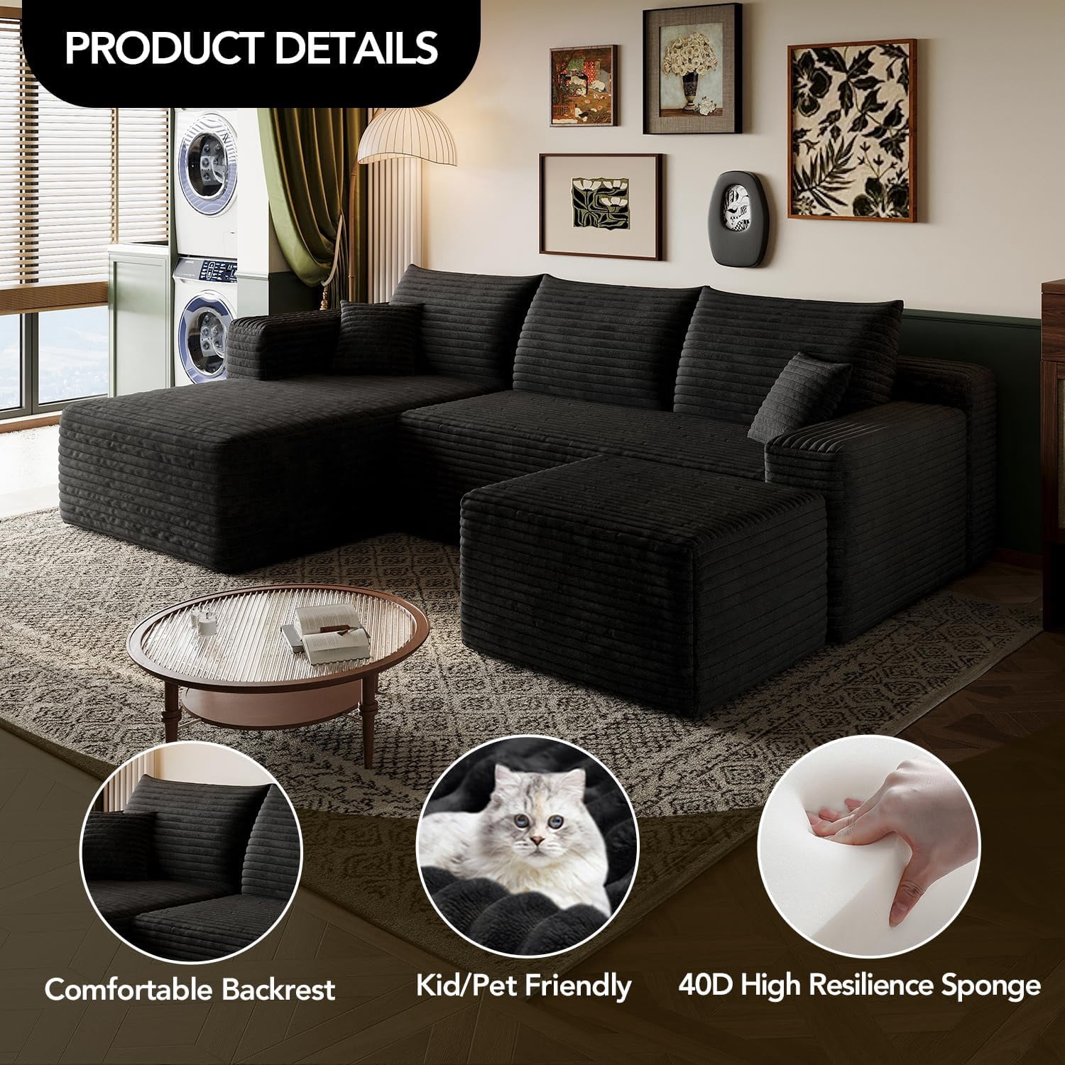 103" Cloud Sectional Sofa, Modern L Shaped Deep Seat Couch, Plush Corduroy Upholstered Sofa No Assembly, Living Room