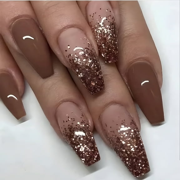 RAGUPEL Coffin Press on Nails Medium Ballerina Fake Nails Fall Brown Acrylic Nails Glossy Glue on Nails Luxury Bling Glitter False Nails 24 pcs
