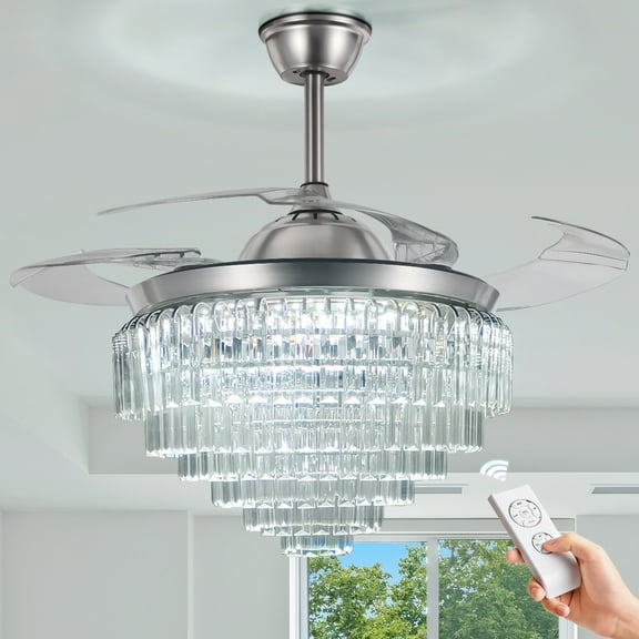 42" Silver Crystal Ceiling Fan with Retractable Blades - 6-Layer Prism Design, 36W 5000CFM & 3-Color LED Remote Control, 4"/8" Downrods for Smart Home Lighting System