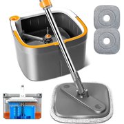 Spin Mop and Bucket Set with 2 Replaceable Microfiber Mop Pads with Self Separation Dirty and Clean Water System, Self Wringing 360° Rotating Square Mop Head for Hardwood Tile Marble Floors
