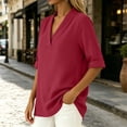 thumbnail image 6 of Women's Summer Shirts Casual Loose V-Neck Fixed Roll Cuff Short Sleeve Solid Color Blouses Lightweight cotton Linen Curved Hem Short Tops for Office Daily Wear, 6 of 7