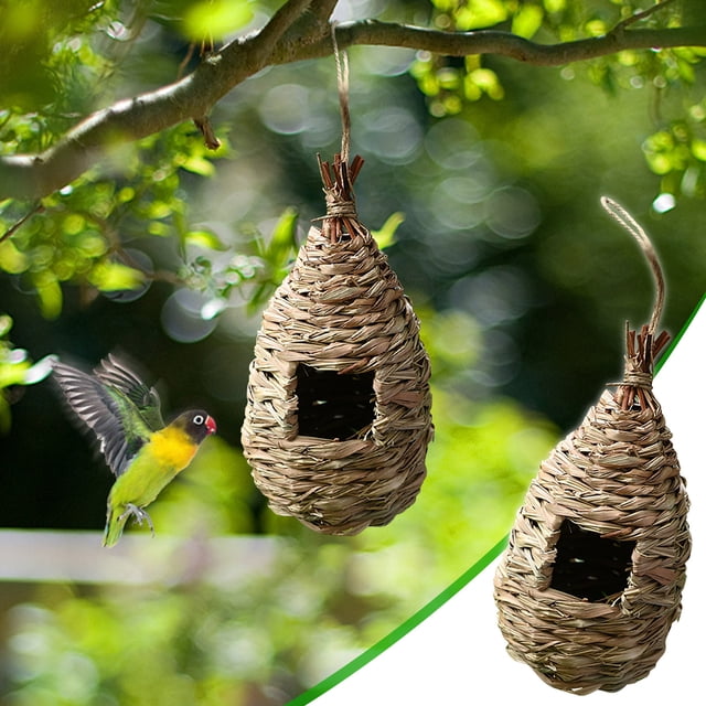 Decoración del hogar, decoración de habitaciones, decoración de paredes, nidos de casa de colibrí tejidos a mano, simulación de césped de hibisco, casa de pájaros, decoración colgante de jardinería, a