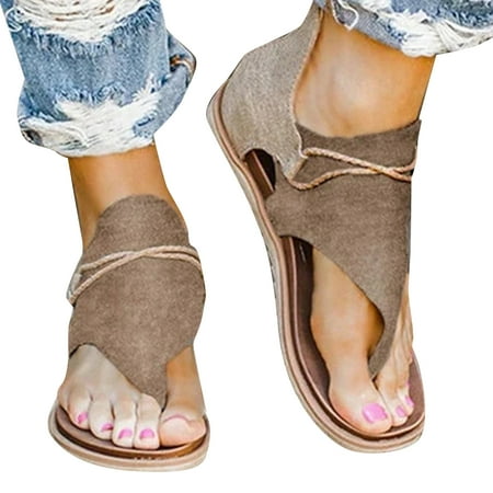 

Women\ s Leopard Print Flats Sandals Summer Casual Beach Open-Toe Back Zipper T-Strap Boho Gladiator Sandals Shoes