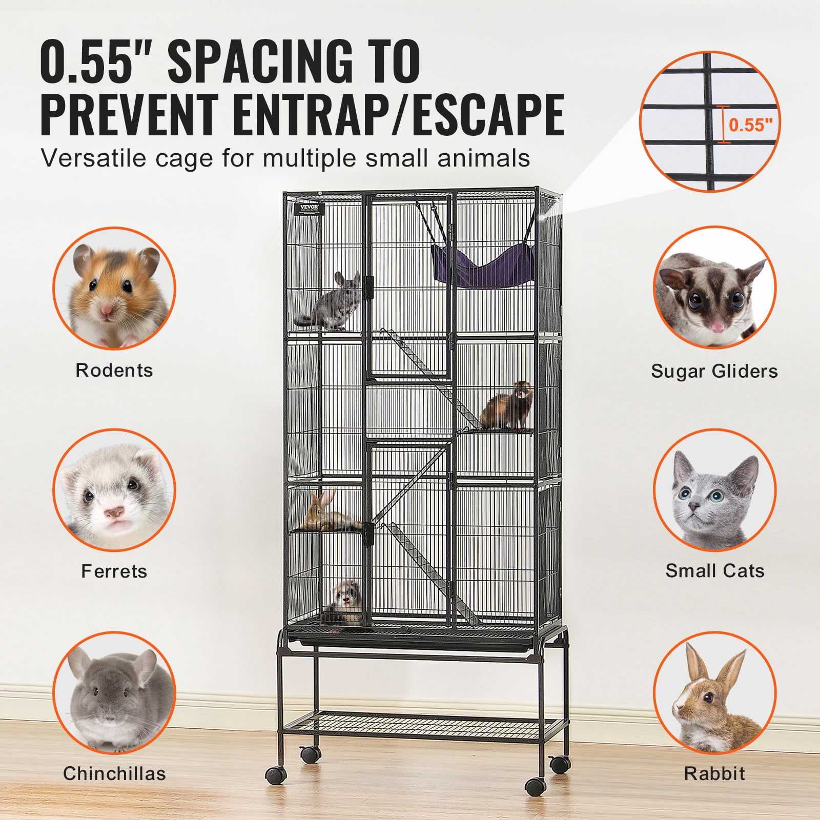 VEVOR 69" Rolling Metal Ferret Cage, Large 4-Tier Small Animal Cage with Ramps & Tray, Easy to Set up for Pet Rats, Hamster, Guinea Pig, Chinchilla, Squirrel, Hedgehogs, Bunny