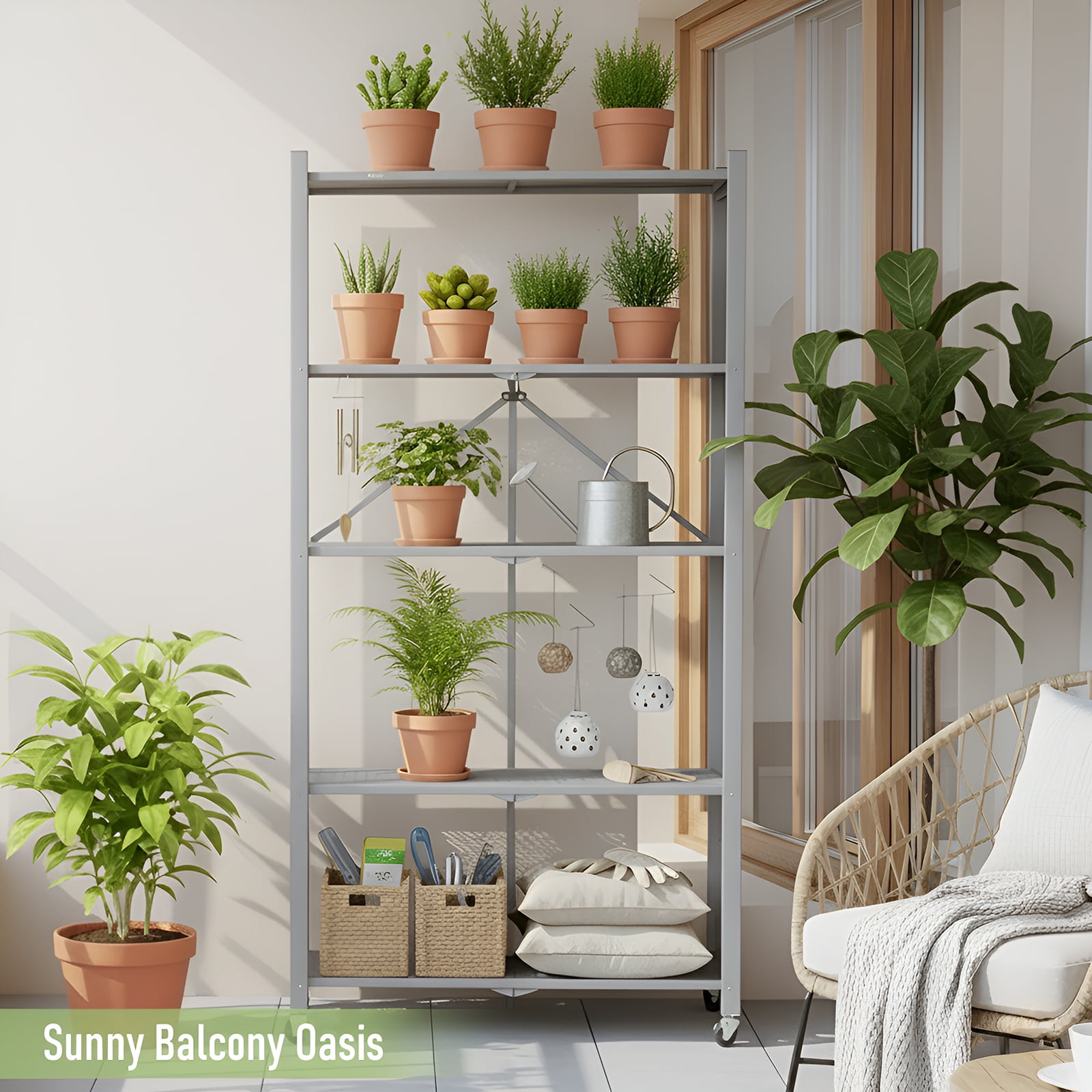 Foldable Shelves with Wheels, 5-Shelf Folding Metal Rack Organizer for Kitchen Garage Basement, Large Capacity Rolling Storage Shelf, Easy Fold & Roll, Gray