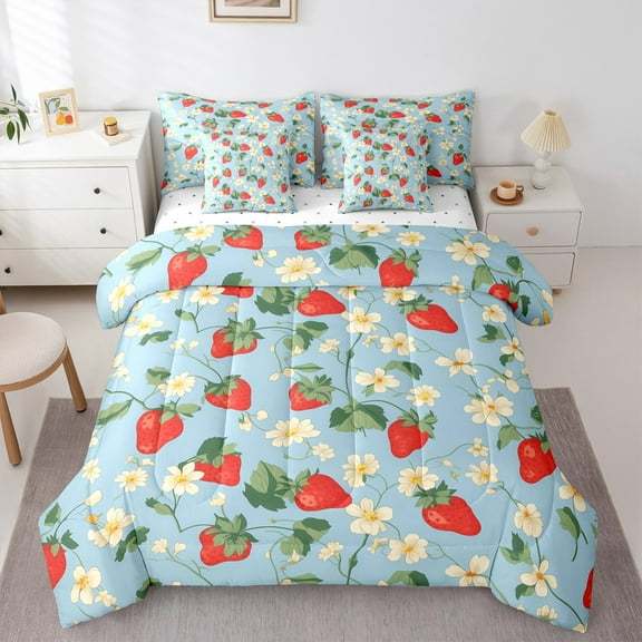 Manfei Teens Fruit Strawberry 7-Piece Twin Bedding Sets, Blue Cartoon Bedding Comforter Set, Tropic Flower Plant Reversible Sheet Sets, Microfiber Bedroom Decor