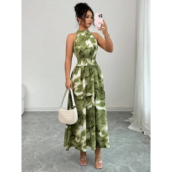 Olive Green Watercolor Floral Halter Neck Smocked Waist A-Line Maxi Dress For Women