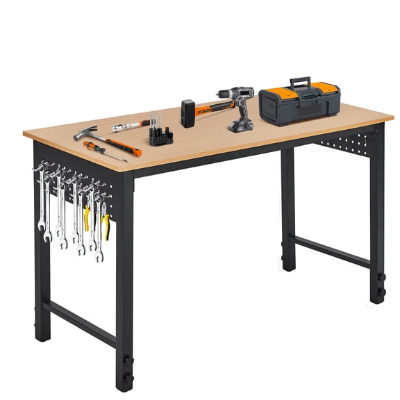 BouPower Adjustable Height Work Bench for Garage,Work Table with Power Outlets & Tool Hooks for Shop Woodworking,Office,Home,Commercial