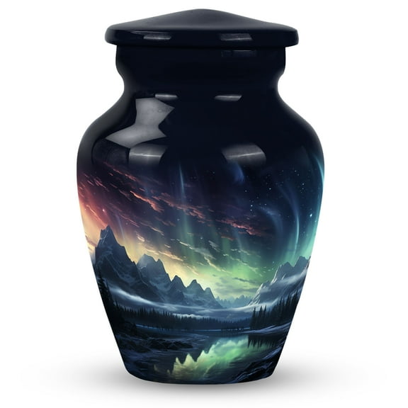 Aurora Miracles over Mountain Wilderness - Compact Keepsake Urn for Men - Unique Mini Ash Vessel - Small Funeral Memorial - Urns For Human Ashes Adult - 3 Inch, 1 Pc
