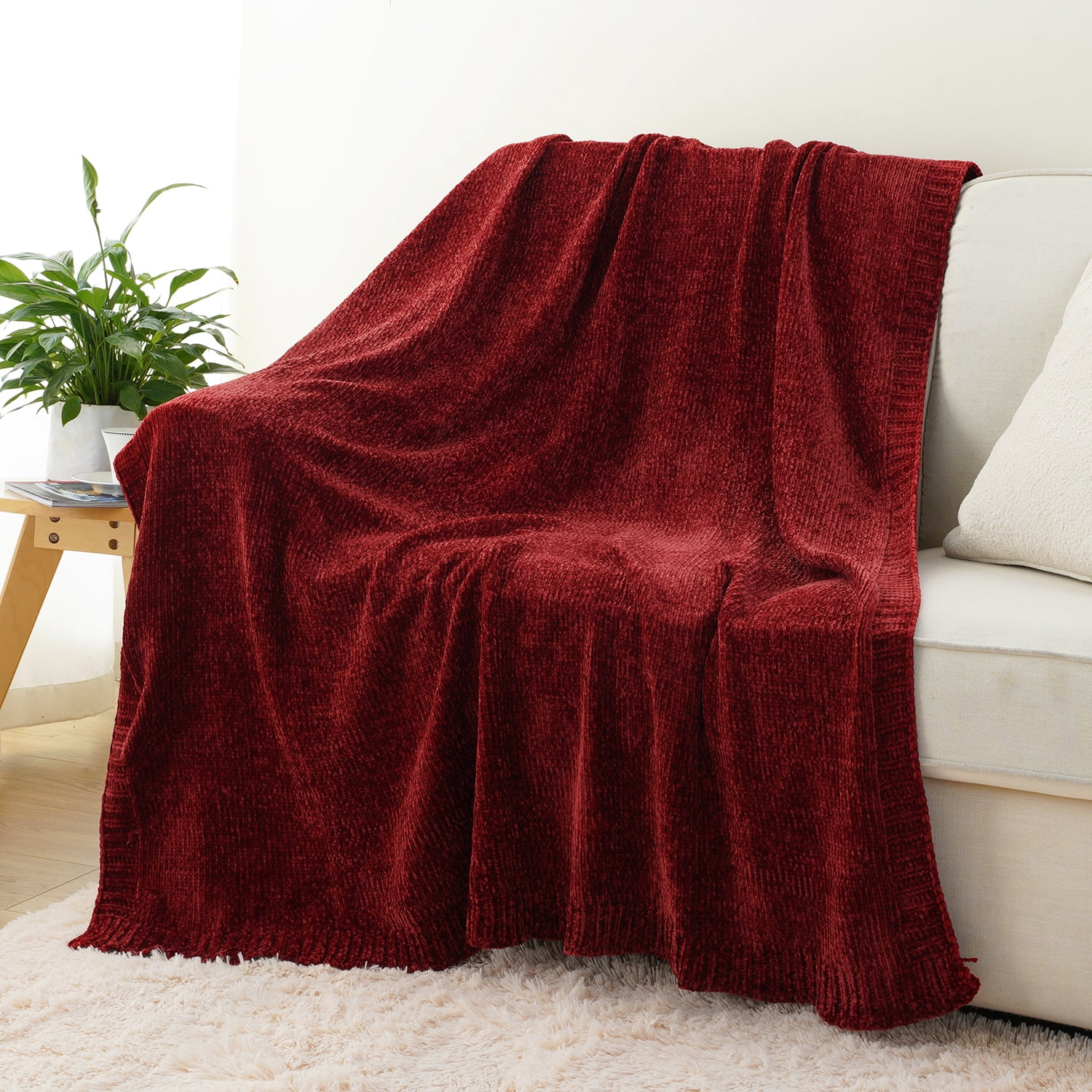 Battilo Burgundy Throw,Chenille Knit Dark Red Blanket,Christmas Decor,Housewarming Gifts,51"x67"