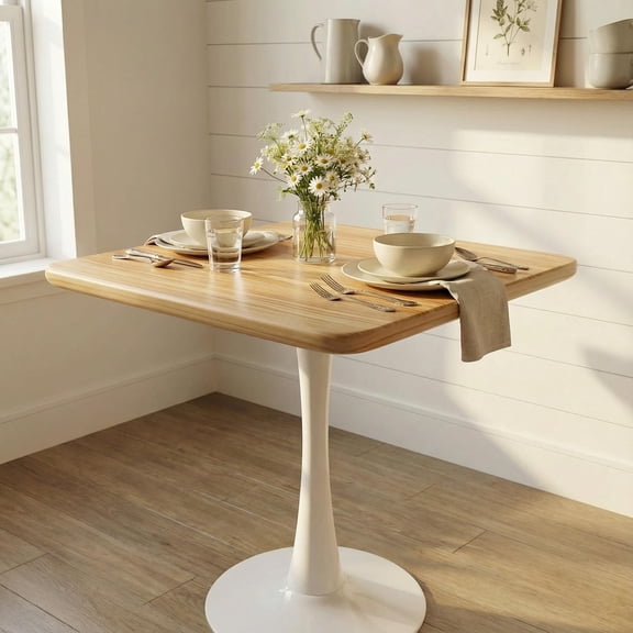 24 Inch Square Tulip Dining Table With White Pedestal Base And Natural Wood Top